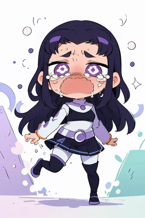 masterpiece, best quality, <lora:SesieldCry:0.9> IncrsSesCry, chibi, crying, <lora:blackfire:0.95> blackfire , pants, bodysuit, skirt, armor, thigh boots, long sleeves, dark skin, abstract, abstract background,