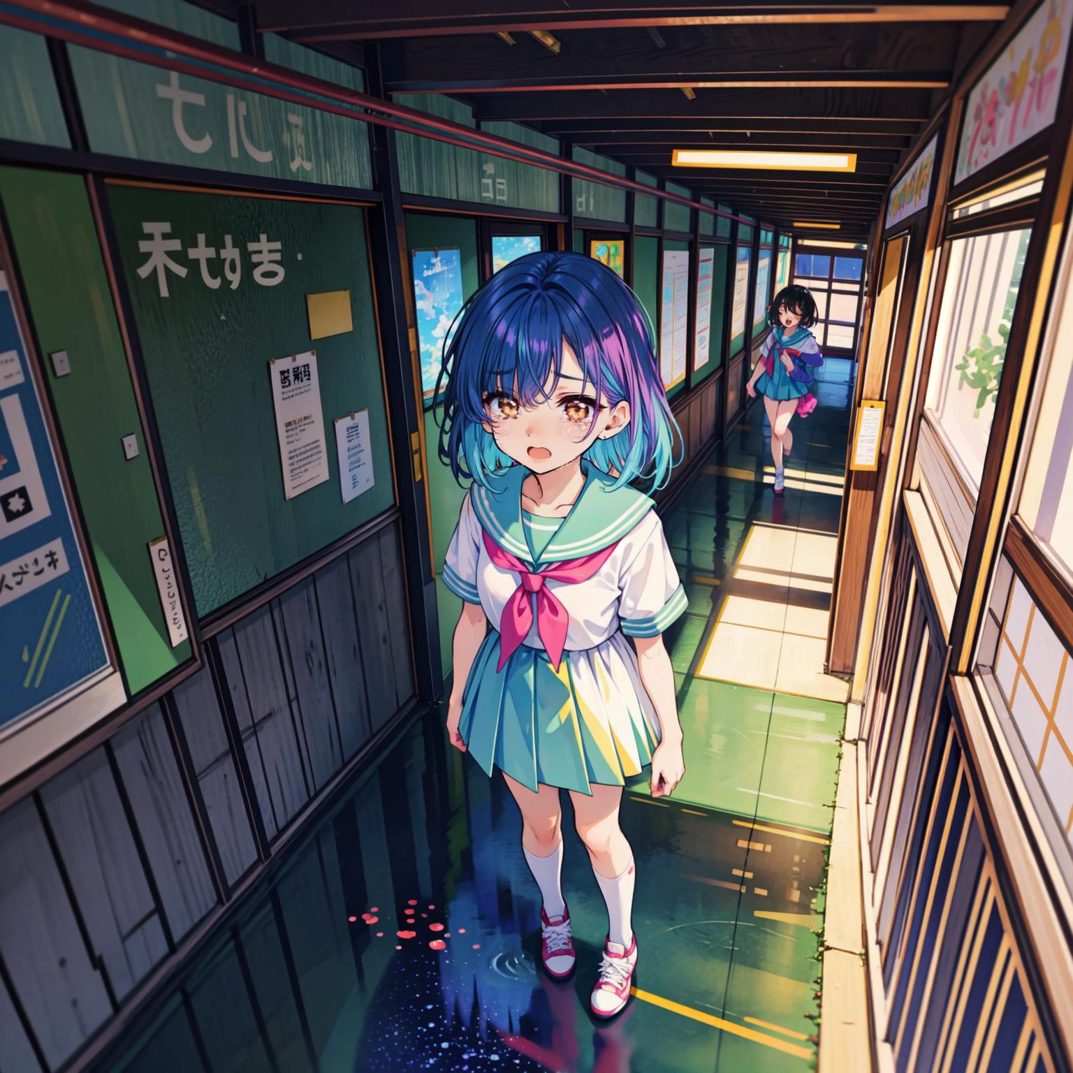 kawaii style grunge style grunge style tilt-shift photo of,(dash styled rainbow),yellow theme,green theme,a girl standing at school rooftop,railing,classroom,hallway,school,reflection hallway floor,from above,(peeping:1.2),1girl,(full body:1.2),facing to the side,looking at viewer,(mesugaki:1.2),looking_up,petite,slender face,blush,hair over one eye,long bangs,short hair,straight hair,black hair,brown eyes,trembling,sobbing,open mouth,streaming tears,tears,frown,(v arms:1.2),hairpin,serafuku,converse,Ghibli-like colours,<lora:LCM-LoRA_sd15:1>,<lora:detail_slider_v4:2>,<lora:colorize:0.5>,<lora:zoom_slider_v1:-1>,