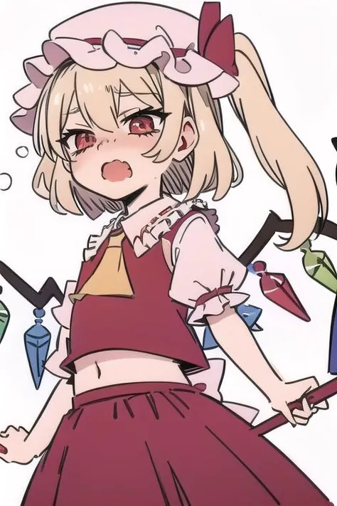 <lora:SesieldCry:1>, <lora:flandre_scarlet:0.8>, (flandre_scarlet:1.5), red eyes, pale skin, wings, crystal, hat, shirt, frills, ribbon, vest, skirt, one side up, puffy sleeves, mob cap, red vest, red skirt, white mob cap, blonde hair
