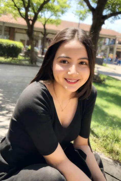 (photorealistic:1.4), (masterpiece), (best quality), ultra highres, photo of sutena, girl, smile, detailed face, looking at viewer, black dress, sitting, park, day, good lighting, <lora:BulanSutenaBra5v:0.8>