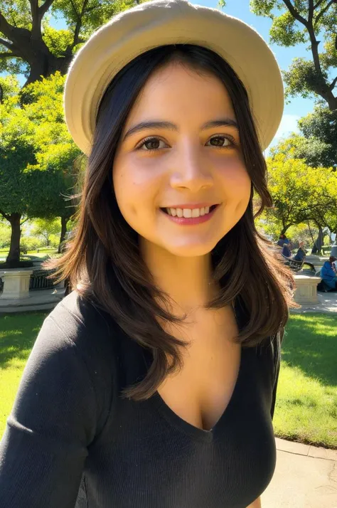 (photorealistic:1.4), (masterpiece), (best quality), ultra highres, photo of sutena, girl, smile, detailed face, sutena face, looking at viewer, hat, in the park, day, good lighting, <lora:BulanSutenaBra5v:0.9>