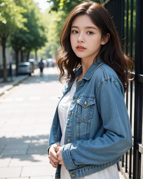 best quality, masterpiece, photorealistic, 1girl, denim jacket, brown hair curly hair, backstreet, hands in pockets, soft focus,depth of field, intricate natural lighting