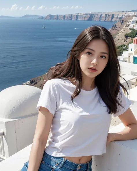 a women leaning on a railing overlooking Greece island of Santorini, backlit, soft warm light, highly detailed, (wide shot:1.2), brunette hair, white shirt