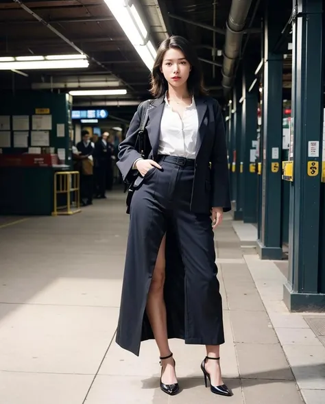 1girl, (realistic:1.3), office lady, (full body:1.2), finely detailed, quality, (masterpiece:1.2), (photorealistic:1.2), (best quality), (detailed skin:1.3), (intricate details), dramatic, ray tracing, photograph, 1920's Handsome Subway station and Friendly Botanical Garden, at Midday, Visual novel, Suffering, film grain, Polaroid, 35mm, Instagram