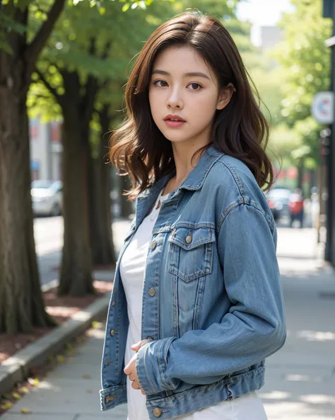 best quality, masterpiece, photorealistic, 1girl, denim jacket, brown hair curly hair, backstreet, hands in pockets, soft focus,depth of field, intricate natural lighting