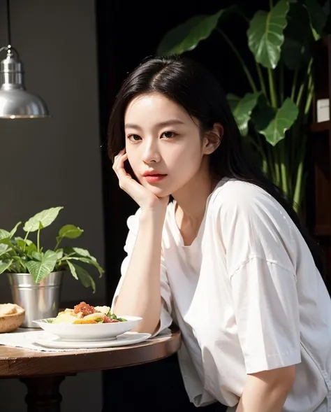 1girl, a woman in white shirt sitting at a table with a plate of food in front of her and a potted plant in the background, Bian Jingzhao, beautifully lit, a stock photo, art photography,