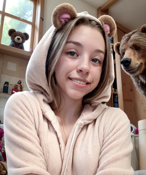 HazeLynnTI, photo of 21yo women, 1girl, skinny, small breast, seductive smile, long brown hair, <lora:HZL:0.8>, nude, 3/4 upper body, tilted head, 
<lora:t3ddy:0.3> t3ddy, (brown fluffy onsie with bear ears:1.1),
detailed skin, HDR, high quality,