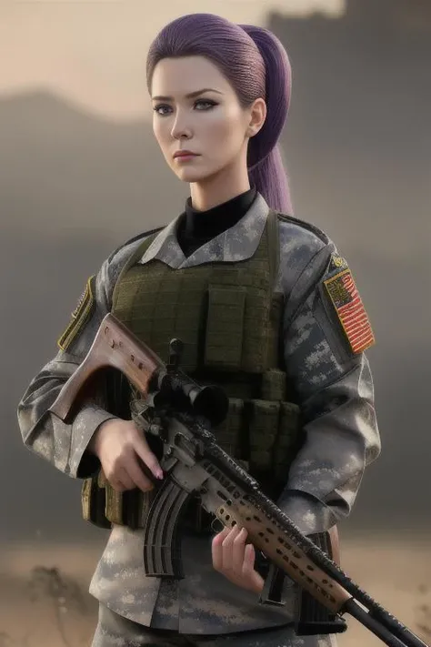 Highly detailed, best quality, masterpiece, official art, highres, absurdres, official art, detailed, cinematic, (mature female), violet ponytail, mature female, detailed face, detailed eyes, medium breasts, big hips, big thighs, military uniform, holding a single rifle,holding a single sniper rifle,detailed lips, detailed orbital view of ecumenopolis in background