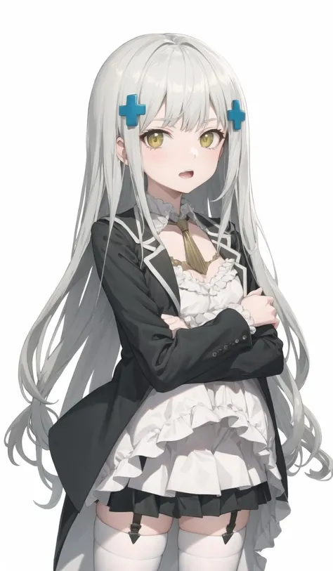 outfit desert eagle, cowboy shot,1girl, solo,hug, long hair,looking at viewer, open mouth,in winter, <lora:outfit-desert_eagle-000007:1> <lora:char-hk416:0.8>