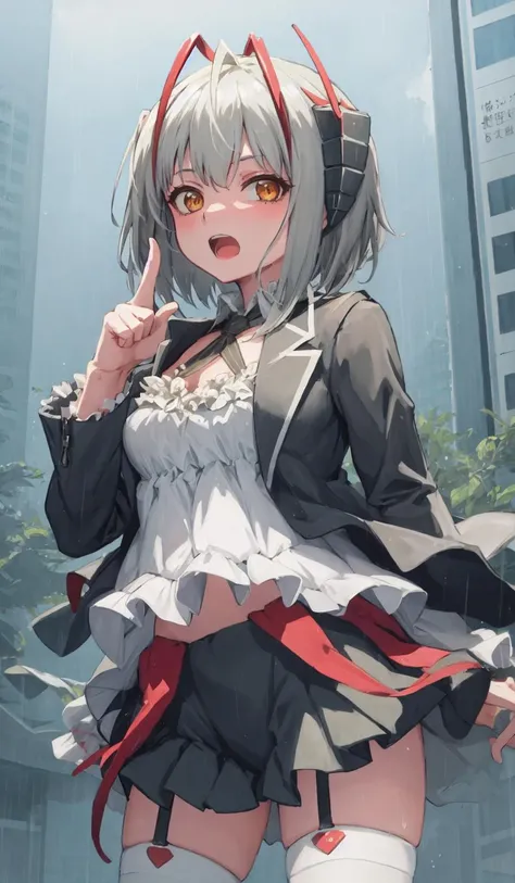outfit desert eagle, cowboy shot,1girl, solo,finger gun, short hair,looking at viewer, open mouth,rain, <lora:outfit-desert_eagle-000007:1> <lora:char-w:1>