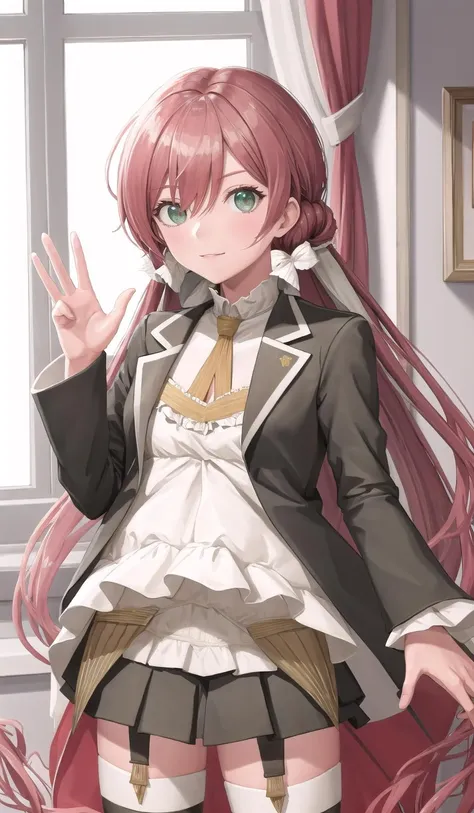 outfit desert eagle,indoors, cowboy shot,1girl, solo,waving, long hair,looking at viewer, <lora:outfit-desert_eagle-000007:1> <lora:char-carno_p:1>