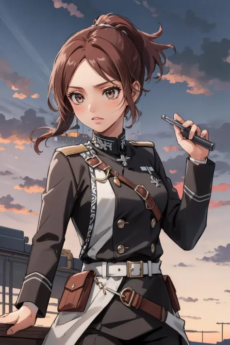 (masterpiece, best quality), intricate details, 
(1girl), solo,   <lora:sasha:0.8> brown hair, brown eyes, ponytail, 
military uniform,  <lora:Waifu-SS_v1:0.8>
Giant in background, titan,