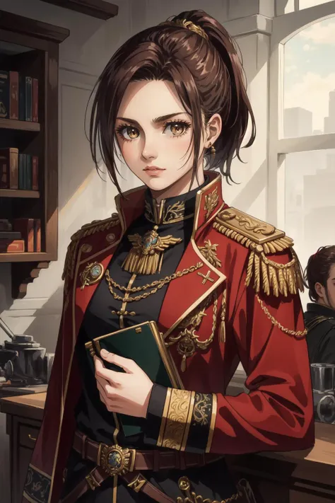 (masterpiece, best quality), intricate details, 
(1girl), solo,   <lora:sasha:1> brown hair, brown eyes, ponytail, 
military uniform,  <lora:warhammer 40k commissar:0.8> warhammer 40k commissar,