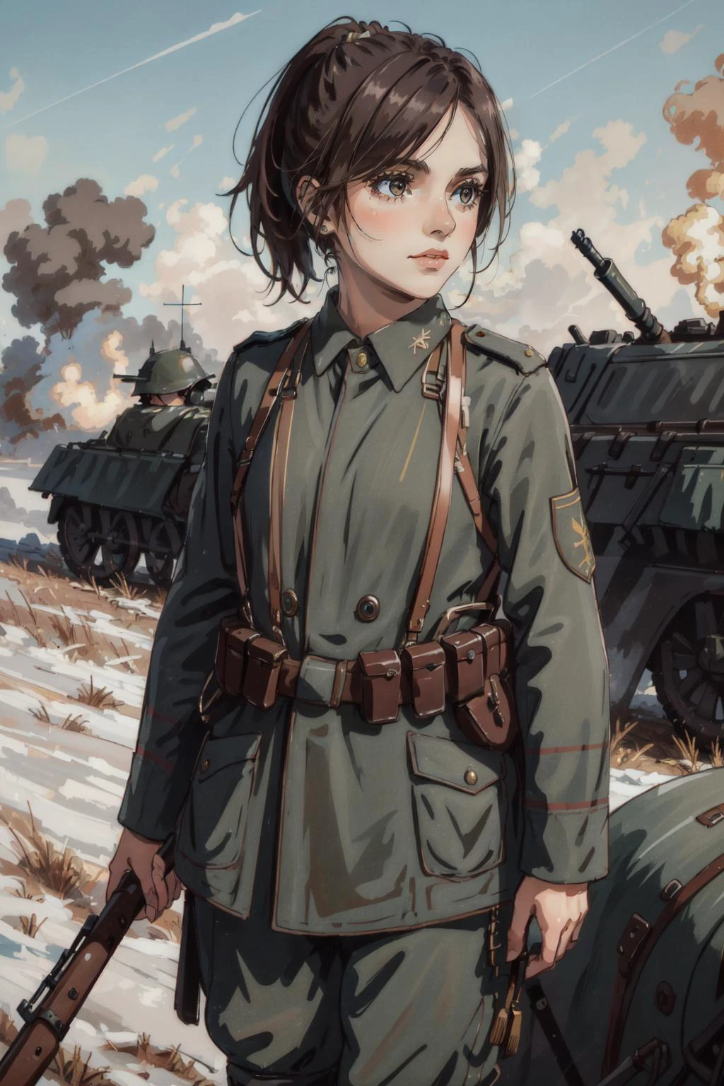 (masterpiece, best quality), intricate details,
(1girl), solo, <lora:sasha:1> brown hair, brown eyes, ponytail,
military uniform, <lora:ww1ger_v0.1:0.8> ww1ger, battlefield,