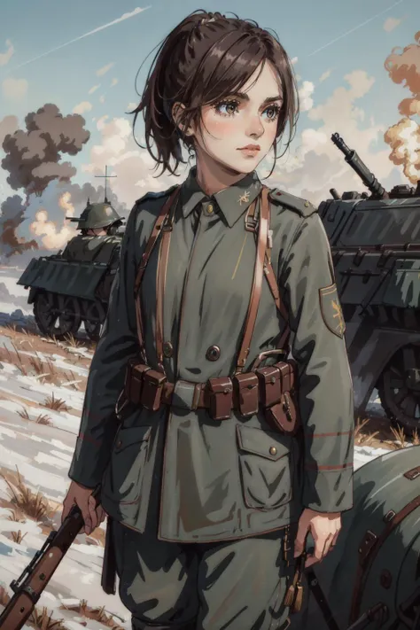 (masterpiece, best quality), intricate details, 
(1girl), solo,   <lora:sasha:1> brown hair, brown eyes, ponytail, 
military uniform,  <lora:ww1ger_v0.1:0.8> ww1ger, battlefield,