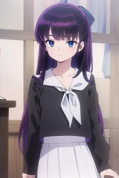 ryoukomendou, <lora:ryouko mendou s1-lora-nochekaiser:1>,
ryouko mendou, long hair, blue eyes, purple hair, bow, hair bow, mole, mole under eye, smile,
BREAK skirt, school uniform, serafuku, shirt, black shirt, white sailor collar, long sleeves, black skirt, neckerchief, white neckerchief,
BREAK indoors, classroom,
BREAK looking at viewer, (cowboy shot:1.5),
BREAK <lyco:GoodHands-beta2:1>, (masterpiece:1.2), best quality, high resolution, unity 8k wallpaper, (illustration:0.8), (beautiful detailed eyes:1.6), extremely detailed face, perfect lighting, extremely detailed CG, (perfect hands, perfect anatomy),