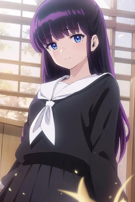 ryoukomendou, <lora:ryouko mendou s1-lora-nochekaiser:1>,
ryouko mendou, long hair, blue eyes, purple hair, bow, hair bow, mole, mole under eye, smile,
BREAK skirt, school uniform, serafuku, shirt, black shirt, white sailor collar, long sleeves, black skirt, neckerchief, white neckerchief,
BREAK indoors, classroom,
BREAK looking at viewer, (cowboy shot:1.5),
BREAK <lyco:GoodHands-beta2:1>, (masterpiece:1.2), best quality, high resolution, unity 8k wallpaper, (illustration:0.8), (beautiful detailed eyes:1.6), extremely detailed face, perfect lighting, extremely detailed CG, (perfect hands, perfect ???????),