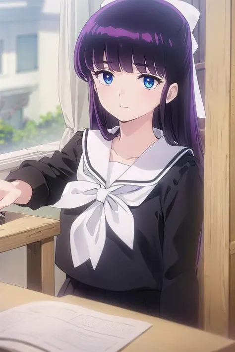 ryoukomendou, <lora:ryouko mendou s1-lora-nochekaiser:1>,
ryouko mendou, long hair, blue eyes, purple hair, bow, hair bow, mole, mole under eye, smile,
BREAK skirt, school uniform, serafuku, shirt, black shirt, white sailor collar, long sleeves, black skirt, neckerchief, white neckerchief,
BREAK indoors, classroom,
BREAK looking at viewer, (cowboy shot:1.5),
BREAK <lyco:GoodHands-beta2:1>, (masterpiece:1.2), best quality, high resolution, unity 8k wallpaper, (illustration:0.8), (beautiful detailed eyes:1.6), extremely detailed face, perfect lighting, extremely detailed CG, (perfect hands, perfect ???????),