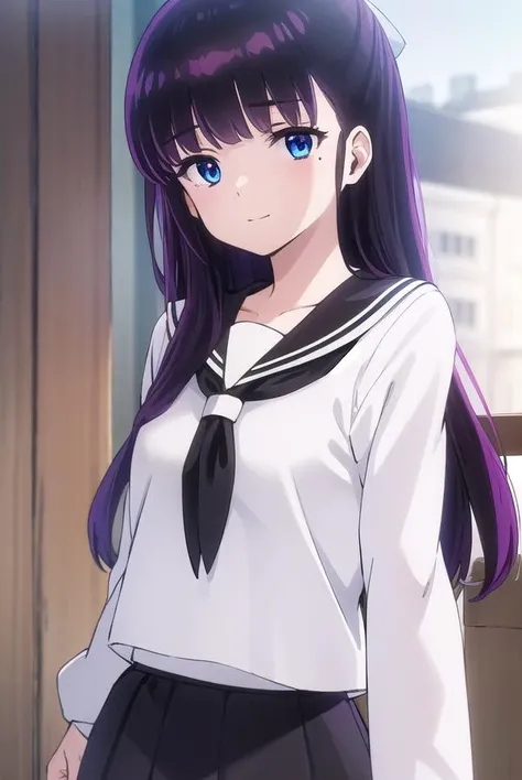 ryoukomendou, <lora:ryouko mendou s1-lora-nochekaiser:1>,
ryouko mendou, long hair, blue eyes, purple hair, bow, hair bow, mole, mole under eye, smile,
BREAK skirt, school uniform, serafuku, shirt, black shirt, white sailor collar, long sleeves, black skirt, neckerchief, white neckerchief,
BREAK indoors, classroom,
BREAK looking at viewer, (cowboy shot:1.5),
BREAK <lyco:GoodHands-beta2:1>, (masterpiece:1.2), best quality, high resolution, unity 8k wallpaper, (illustration:0.8), (beautiful detailed eyes:1.6), extremely detailed face, perfect lighting, extremely detailed CG, (perfect hands, perfect anatomy),
