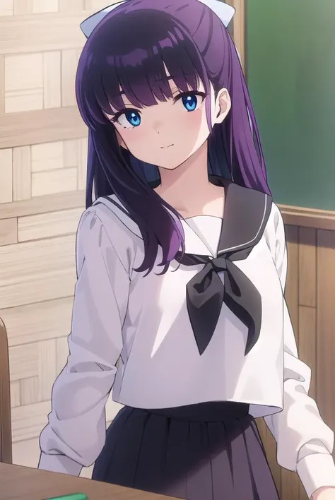 ryoukomendou, <lora:ryouko mendou s1-lora-nochekaiser:1>,
ryouko mendou, long hair, blue eyes, purple hair, bow, hair bow, mole, mole under eye, smile,
BREAK skirt, school uniform, serafuku, shirt, black shirt, white sailor collar, long sleeves, black skirt, neckerchief, white neckerchief,
BREAK indoors, classroom,
BREAK looking at viewer, (cowboy shot:1.5),
BREAK <lyco:GoodHands-beta2:1>, (masterpiece:1.2), best quality, high resolution, unity 8k wallpaper, (illustration:0.8), (beautiful detailed eyes:1.6), extremely detailed face, perfect lighting, extremely detailed CG, (perfect hands, perfect ???????),
