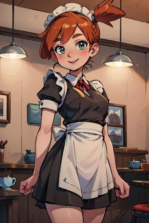 ((masterpiece,best quality)), absurdres, (maid outfit:1, maid headdress, skirt, white apron), 
<lora:Misty_Pokemon_v2_Anime:0.8>, Misty_Pokemon, side ponytail,   
solo, smiling, blushing, looking at viewer, cowboy shot, 
cinematic composition, contrapposto, 
café, cup of coffee,