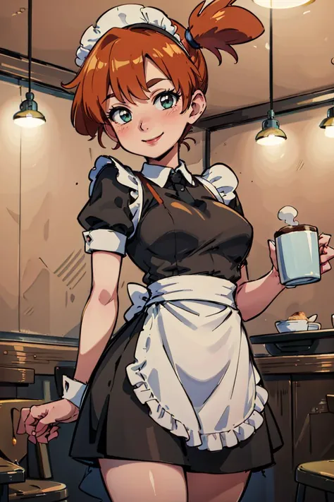 ((masterpiece,best quality)), absurdres, (maid outfit:1, maid headdress, skirt, white apron), 
<lora:Misty_Pokemon_v2_Anime:0.8>, Misty_Pokemon, side ponytail,   
solo, smiling, blushing, looking at viewer, cowboy shot, 
cinematic composition, contrapposto, 
café, cup of coffee,