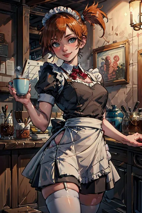 ((masterpiece,best quality)), absurdres, (maid outfit:1, maid headdress, skirt, white apron), 
<lora:Misty_Pokemon_v2_Anime:0.8>, Misty_Pokemon, side ponytail,   
solo, smiling, blushing, looking at viewer, cowboy shot, 
cinematic composition, contrapposto, 
café, cup of coffee,