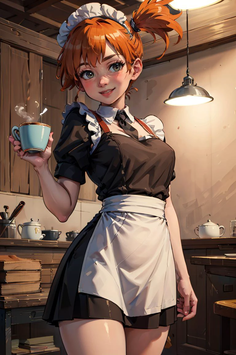 ((masterpiece,best quality)), absurdres, (maid outfit:1, maid headdress, skirt, white apron),
<lora:Misty_Pokemon_v2_Anime:0.8>, Misty_Pokemon, side ponytail,
solo, smiling, blushing, looking at viewer, cowboy shot,
cinematic composition, contrapposto,
café, cup of coffee,