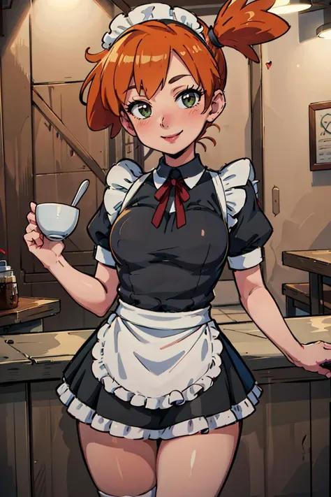 ((masterpiece,best quality)), absurdres, (maid outfit:1, maid headdress, skirt, white apron),
<lora:Misty_Pokemon_v2_Anime:0.8>, Misty_Pokemon, side ponytail, orange hair,
solo, smiling, blushing, looking at viewer, cowboy shot,
cinematic composition, contrapposto,
café, cup of coffee,