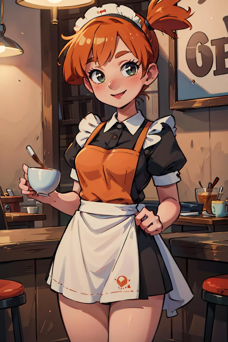 ((masterpiece,best quality)), absurdres, (maid outfit:1, maid headdress, skirt, white apron),
<lora:Misty_Pokemon_v2_Anime:0.8>, Misty_Pokemon, side ponytail, orange hair,
solo, smiling, blushing, looking at viewer, cowboy shot,
cinematic composition, contrapposto,
café, cup of coffee,