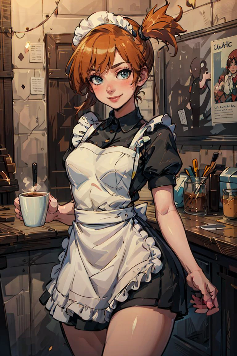 ((masterpiece,best quality)), absurdres, (maid outfit:1, maid headdress, skirt, white apron),
<lora:Misty_Pokemon_v2_Anime:0.8>, Misty_Pokemon, side ponytail,
solo, smiling, blushing, looking at viewer, cowboy shot,
cinematic composition, contrapposto,
café, cup of coffee,
