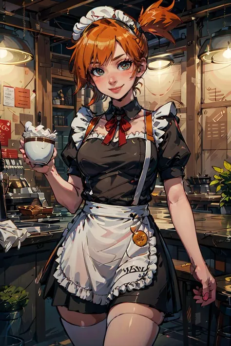 ((masterpiece,best quality)), absurdres, (maid outfit:1, maid headdress, skirt, white apron), 
<lora:Misty_Pokemon_v2_Anime:0.8>, Misty_Pokemon, side ponytail, orange hair,  
solo, smiling, blushing, looking at viewer, cowboy shot, 
cinematic composition, contrapposto, 
café, cup of coffee,