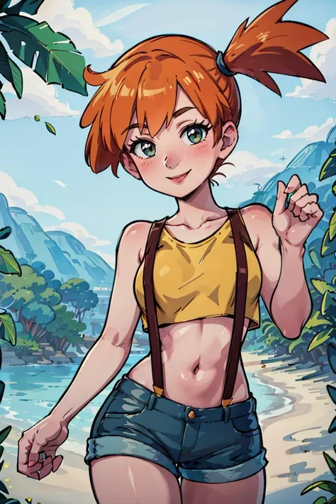 ((masterpiece,best quality)), absurdres,
<lora:Misty_Pokemon_v2_Anime:0.8>, Misty_Pokemon, yellow crop top, suspenders, side ponytail, orange hair, denim shorts, 
solo, smiling, blushing, looking at viewer, cowboy shot, side view, 
cinematic composition, contrapposto, 
tropical beach,