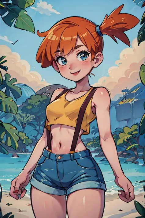 ((masterpiece,best quality)), absurdres,
<lora:Misty_Pokemon_v2_Anime:0.8>, Misty_Pokemon, yellow crop top, suspenders, side ponytail, orange hair, denim shorts, 
solo, smiling, blushing, looking at viewer, cowboy shot, , 
cinematic composition, contrapposto, 
tropical beach,