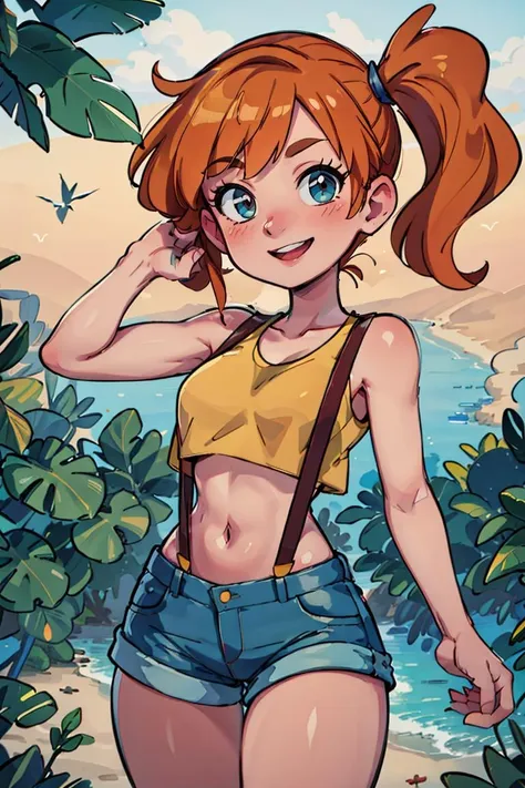 ((masterpiece,best quality)), absurdres,
<lora:Misty_Pokemon_v2_Anime:0.8>, Misty_Pokemon, yellow crop top, suspenders, side ponytail, orange hair, denim shorts, 
solo, smiling, blushing, looking at viewer, cowboy shot, , 
cinematic composition, contrapposto, 
tropical beach,