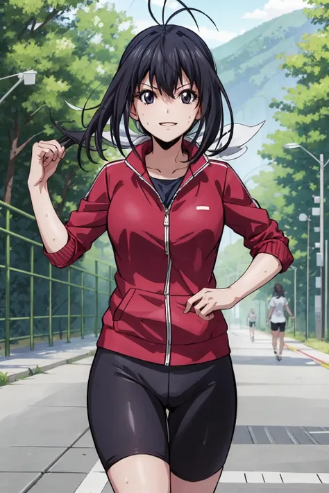 masterpiece, best quality, 1girl, solo, <lora:nozomi_kaminashi_omni_v1:0.8>nozomi kaminashi, sweat, looking at viewer, light smile, antenna hair, long hair, low ponytail, red track jacket, bike shorts, running, in a forest, blue sky, from side, <lora:more_details:0.3>
