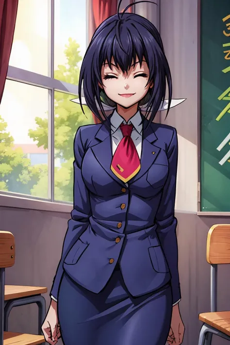 masterpiece, best quality, 1girl, solo, <lora:nozomi_kaminashi_omni_v1:0.9>nozomi kaminashi, eyes closed, light smile, light smile, antenna hair, long hair, low ponytail, blazer, pencil skirt, necktie, standing, at school, indoors, from front, <lora:more_details:0.3>