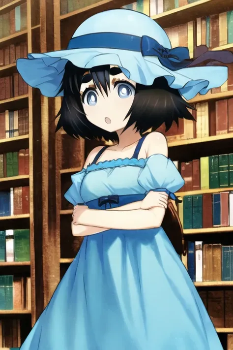 best quality, masterpiece, hukestyle, okaberintarou, blue dress, blue eyes, hat, :o, library, black hair, thick eyebrows, solo, hair between eyes