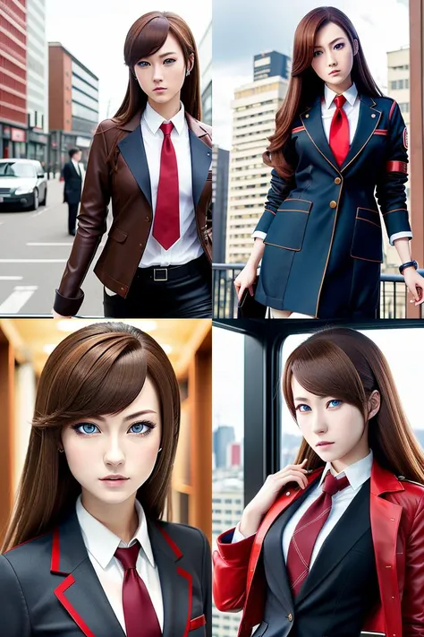 best quality, masterpiece, hukestyle, makisekurisu, brown hair, jacket, blue eyes, red necktie, city