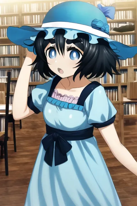 best quality, masterpiece, hukestyle, okaberintarou, blue dress, blue eyes, hat, :o, library, black hair, thick eyebrows, solo, hair between eyes