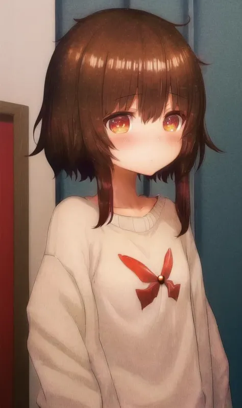 hukestyle, harusameriburo, 1girl, kono subarashii sekai ni shukufuku wo!, megumin, short hair with long locks, brown hair, short hair, sweater, flat chest, masterpiece, best quality