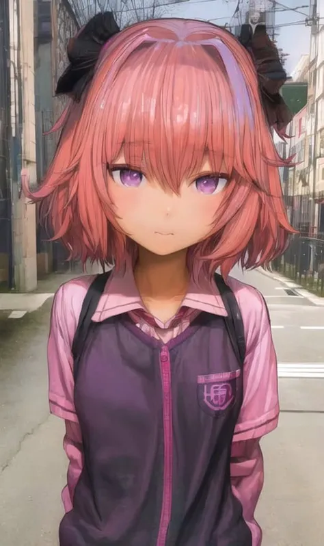 hukestyle, harusameriburo, 1boy, otoko, no ko, astolfo \(fate\), pink hair, purple eyes, school uniform, 3d, realistic, arms behind back, masterpiece, best quality