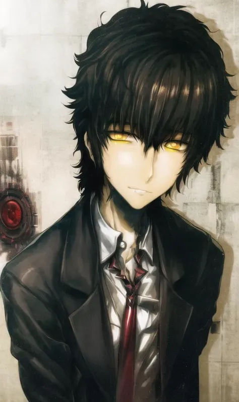 hukestyle, harusameriburo, 1boy, steins;gate, okabe rintarou, okaberintarou, tuxedo, 3d, portrait, from above, short hair, black hair, yellow eyes, necktie, masterpiece, best quality