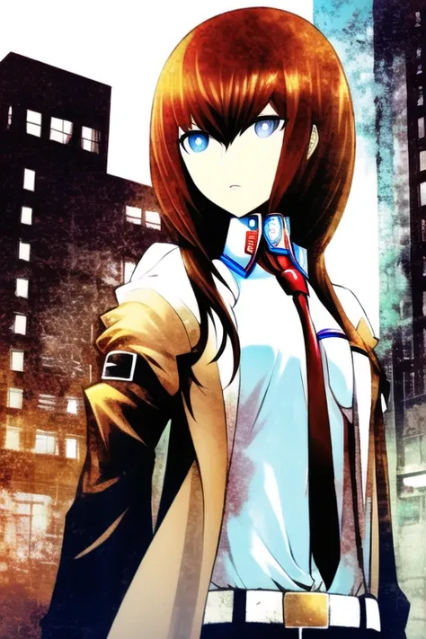 best quality, masterpiece, hukestyle, makisekurisu, brown hair, jacket, blue eyes, red necktie, city