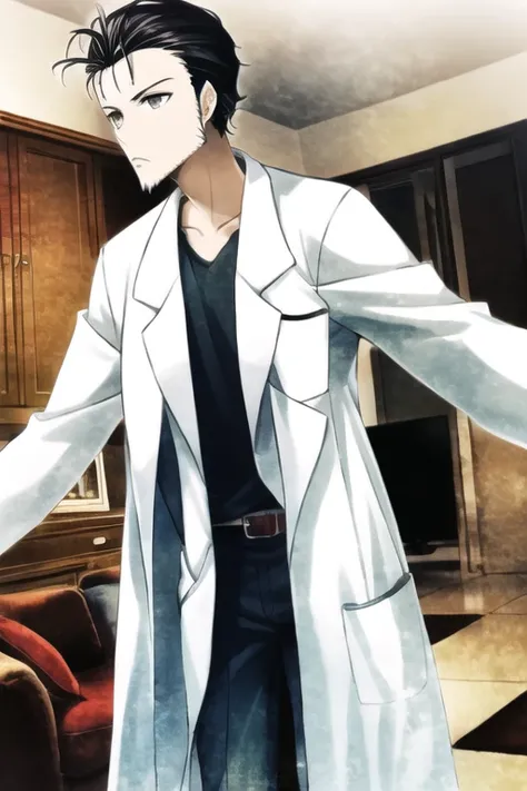 best quality, masterpiece, 1boy hukestyle, okaberintarou, hair slicked back, black hair, facial hair, lab coat, living room, solo