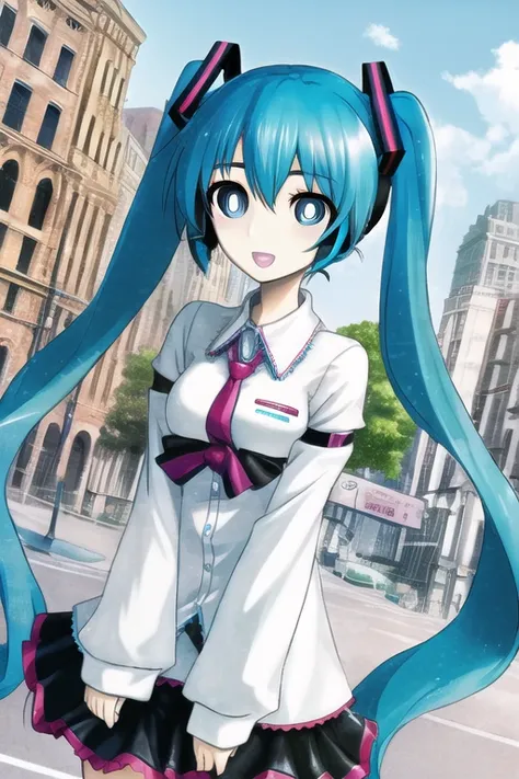 best quality, masterpiece, hukestyle, hatsune miku, 1girl, solo, blue hair, white pupils, blue eyes, detailed, city