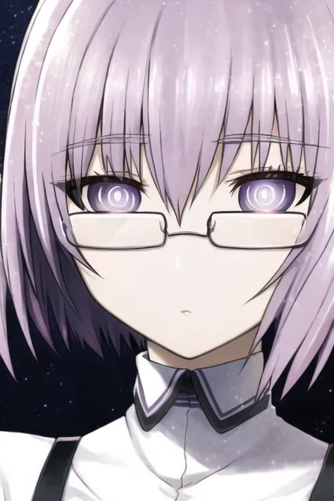 best quality, masterpiece, hukestyle, mash kyrielight, 1girl, solo, light purple hair, white pupils, glasses, detailed, city