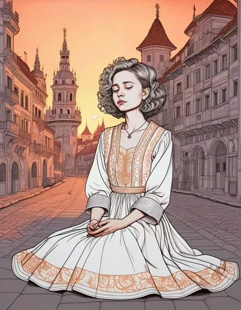 medieval caricature from the side by harumi hironaka coloring a feral, sweet sixteen, and czech ((mikaxl6)); wearing a rugged magnificent queen dress adorned with embroidery; featuring a golden curly bob haircut with a cute face. shown meditating with a relaxed pose within a medieval madrid city street at sunset.