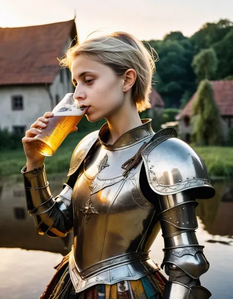 underexposed photograph from the side by mario testino recording a thin, young, and czech ((mikaxl6)); wearing a colorful medieval full plate armor with luxurious fabric; featuring a blond pixie layered haircut with a haughty face. shown drinking beer within a flooded elven village at the golden hour.