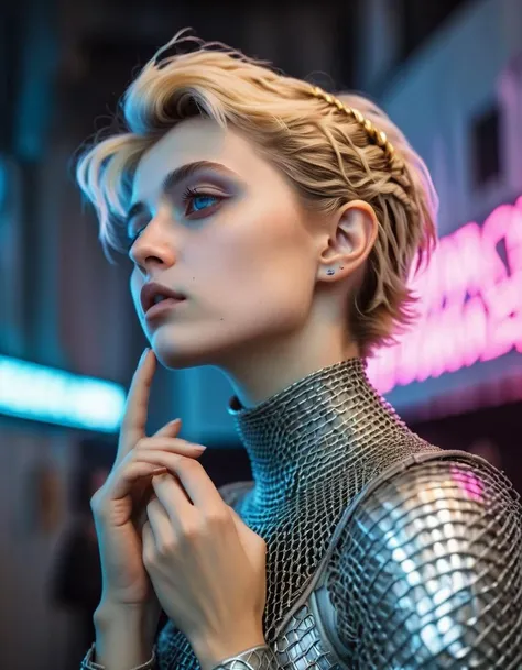 vaporwave photograph from the side by caspar david friedrich recording a beefy, edgy, and irish ((mikaxl6)); wearing a rugged chainmail with detailed textures; featuring a golden pixie layered haircut with an upturned nose. shown blowing a kiss within a retrofuturistic [labyrinth|street food market|castle courtyard] with fluorescent lighting.